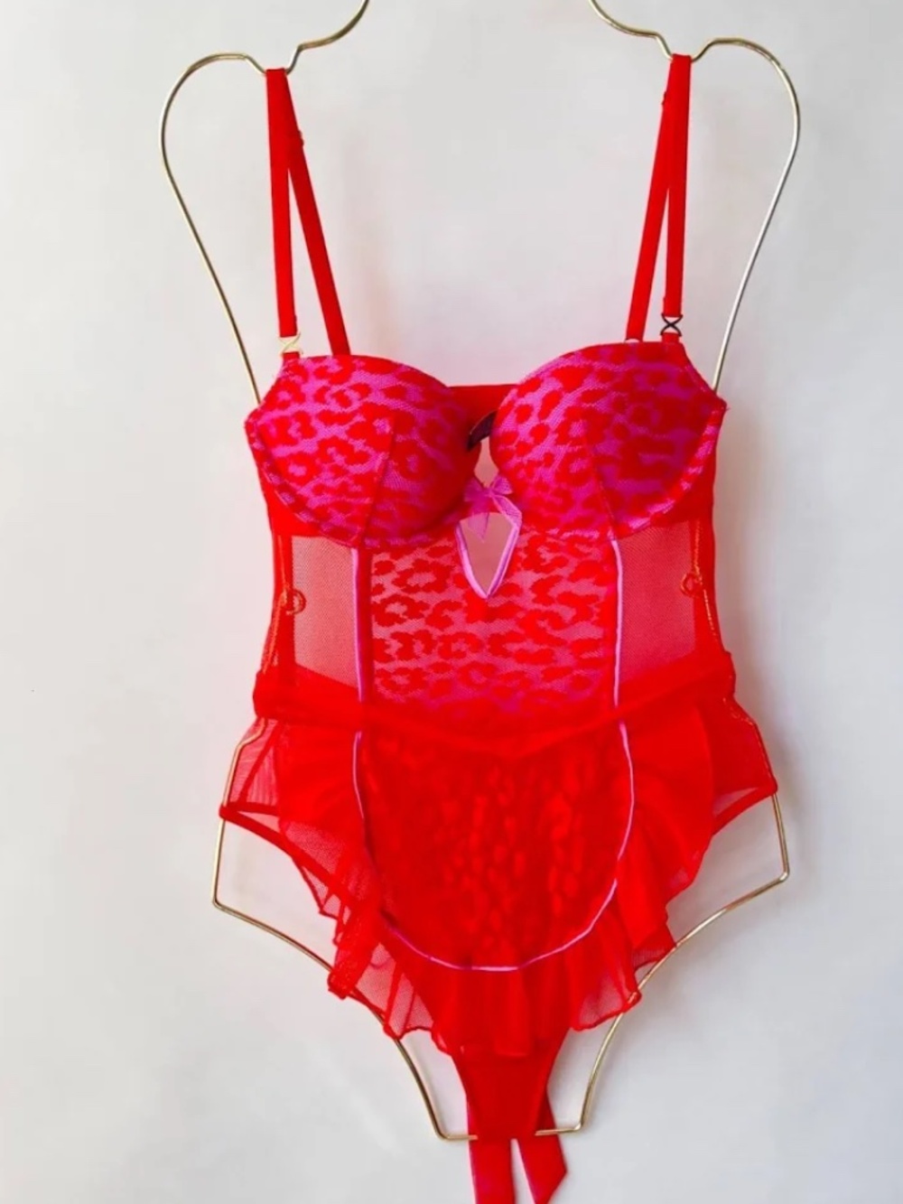 Vintage Victoria’s Secret Red Leopard French Maid Teddy - Y2K Push-Up Bodysuit